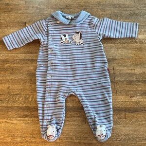 Le Top “Giddyup” Blue Striped Romper with Horse Appliqués Sz 9 M